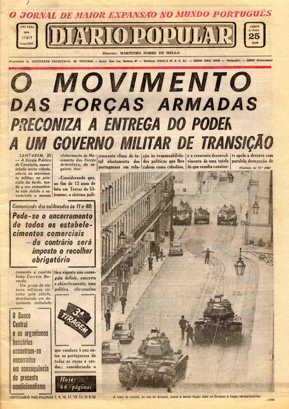 Página do Jornal Diário Popular dedicada à revolução de 25 de abril de 1974